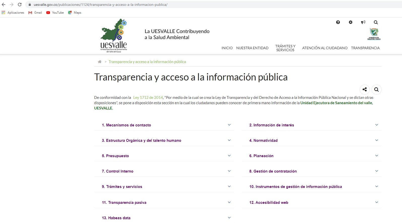 Imagen sección de transparencia portal web uesvalle
