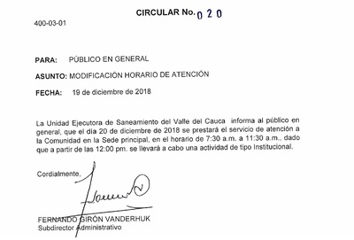 UESVALLE modifica horario de atención el día 20 de diciembre