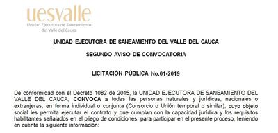 Segundo aviso de convocatoria licitación pública No.01-2019