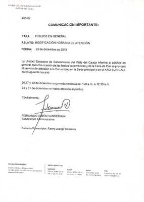 Modificación horario de atención en los días 26,27 y 30 de la Uesvalle