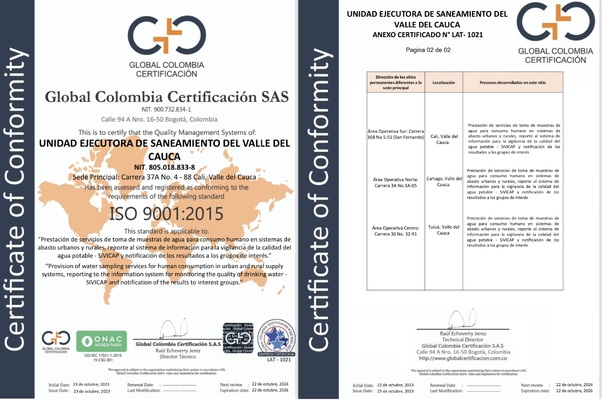 UESVALLE obtuvo la certificaci&oacute;n ISO 9001:2015 en la prestaci&oacute;n de servicios de toma de muestras de agua.